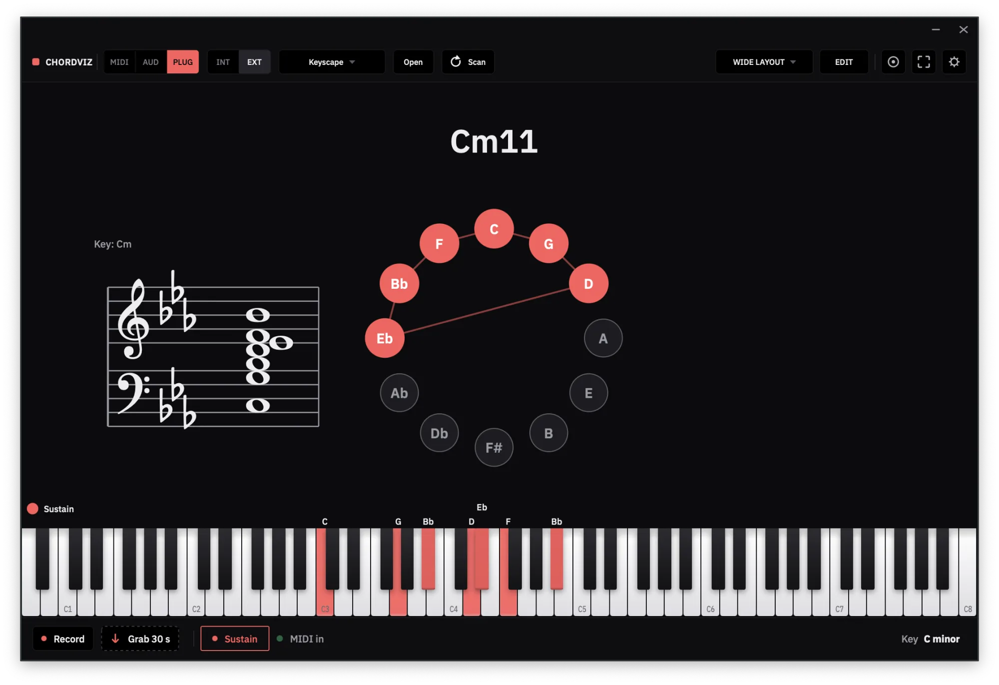 ChordViz dashboard showing a Cm11 chord readout, grand staff and circle of fifths above a lit keyboard