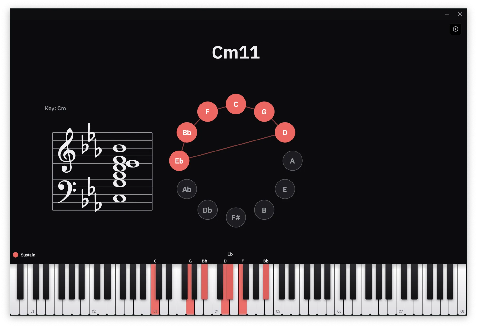 Distraction-free fullscreen mode showing the chord readout, staff and circle of fifths