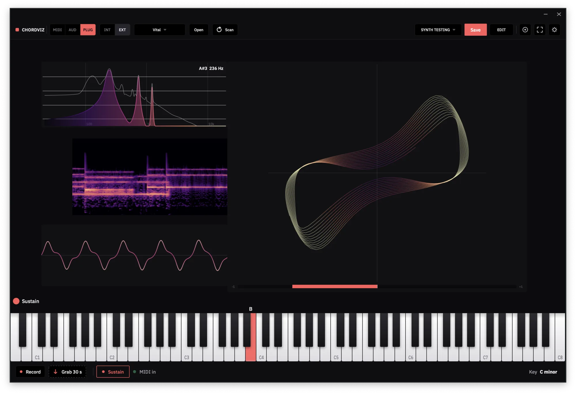 Spectrum, spectrogram and stereometer widgets reacting to live audio